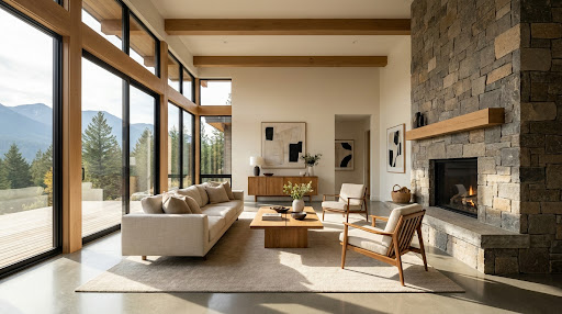The same space reimagined as a furnished great room