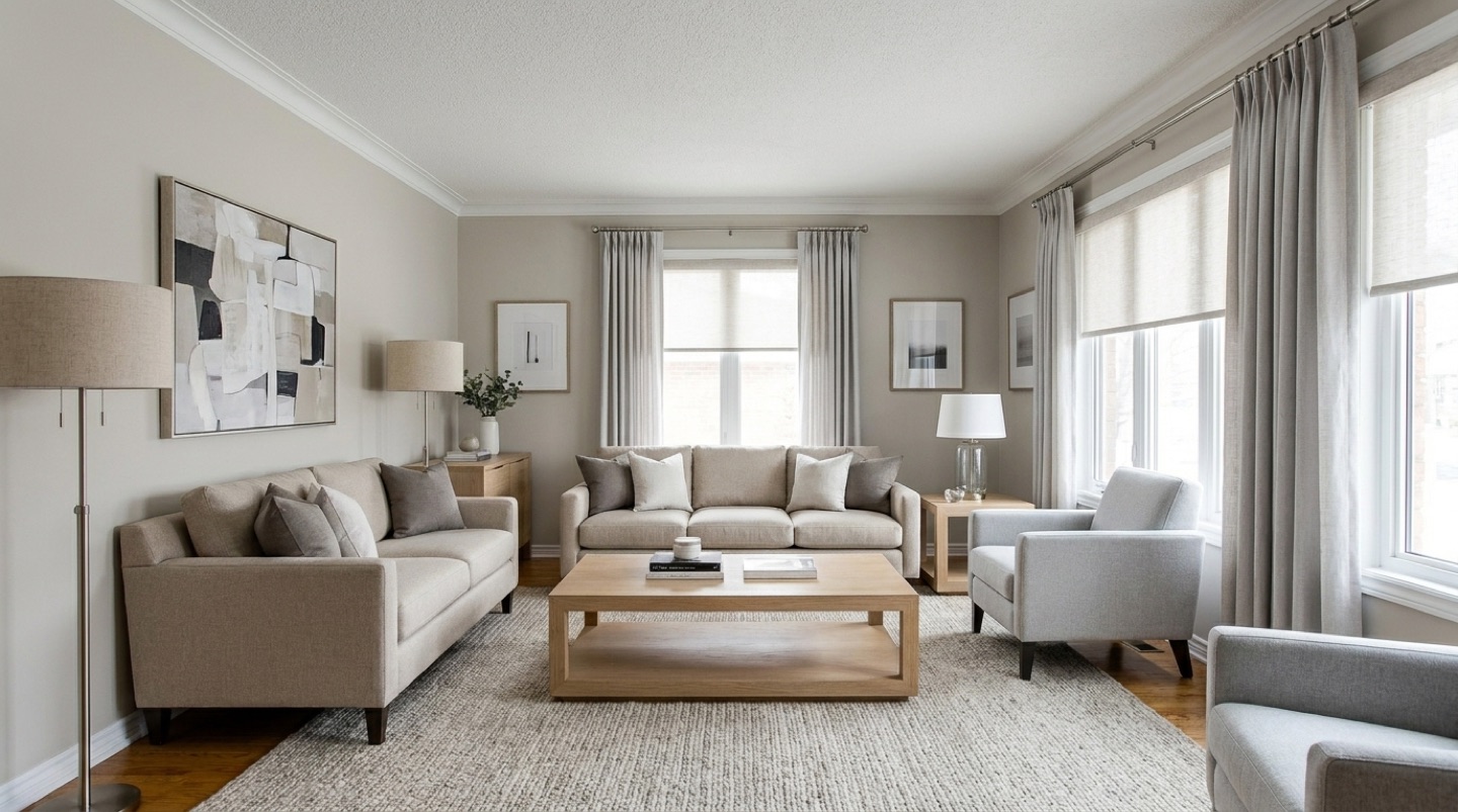The same room restyled in a clean, modern look