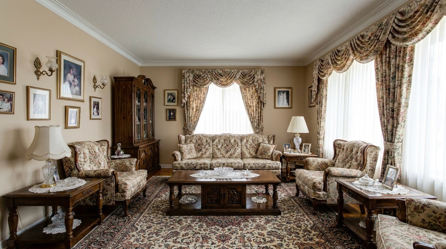 Dated, traditionally furnished living room